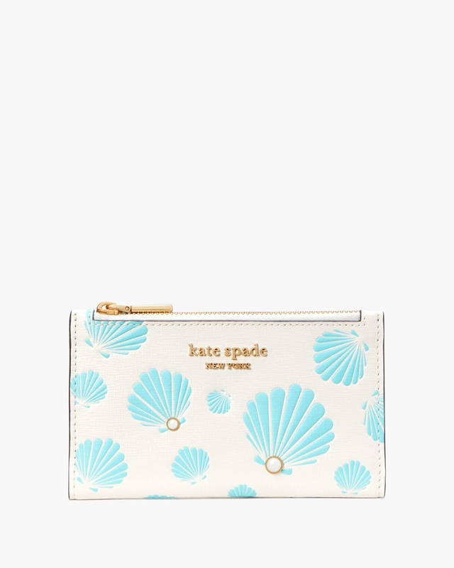 Cream / Blue Kate Spade Morgan Seashell Embossed Small Slim Bifold Women's Wallets | 92318-RSAX