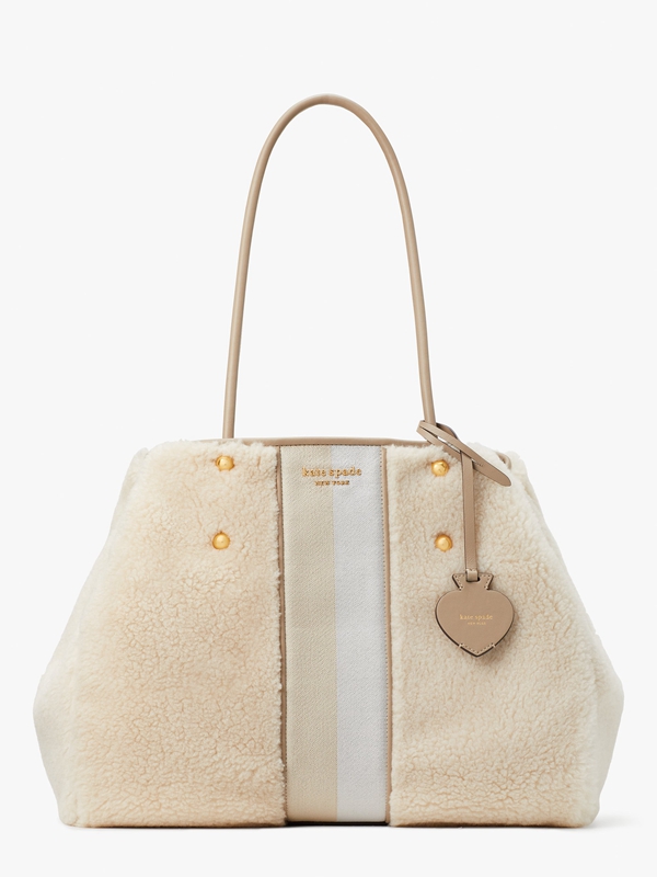 Cream Kate Spade Everything Racing Stripe Faux Shearling Large Women's Tote Bags | 12789-NJMK