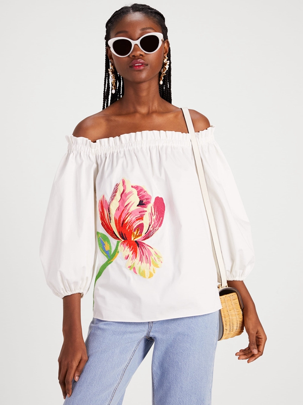 Cream Kate Spade Off-The-Shoulder Floral Embellished Women's Tops | 64385-AUXG