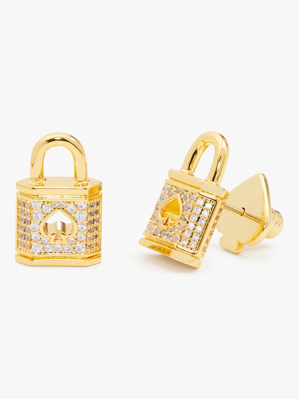 Gold Kate Spade Lock And Spade Pave Studs Women's EarRings | 32518-AIEM