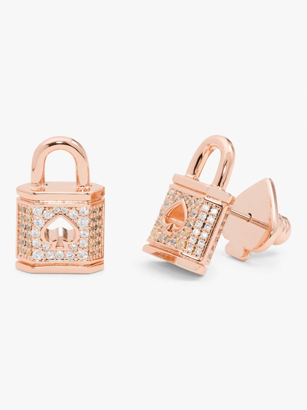 Rose Gold Kate Spade Lock And Spade Pave Studs Women's EarRings | 94237-GWHZ