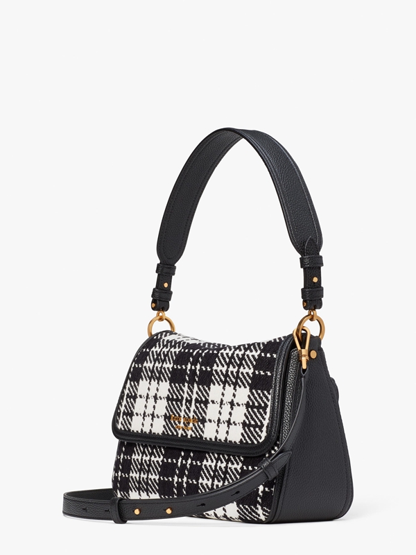 Black Kate Spade Hudson Posh Plaid Jacquard Medium Convertible Flap Women's Shoulder Bags | 03418-HNBY