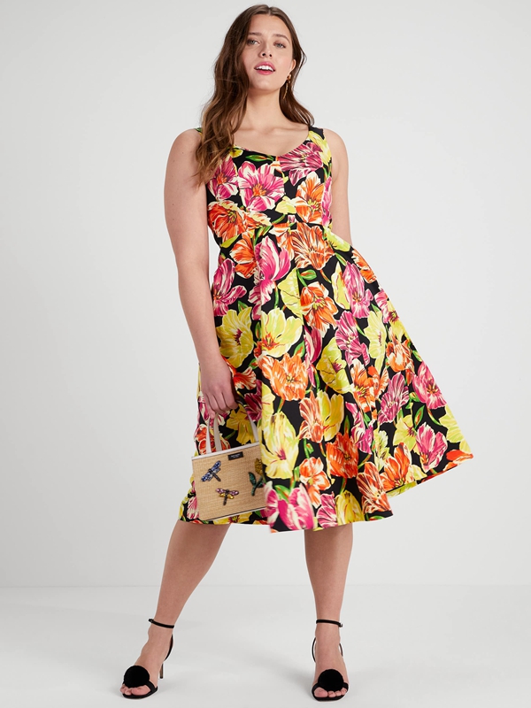 Black Kate Spade Painted Tulips Grace Women's Dress | 89071-LHUX