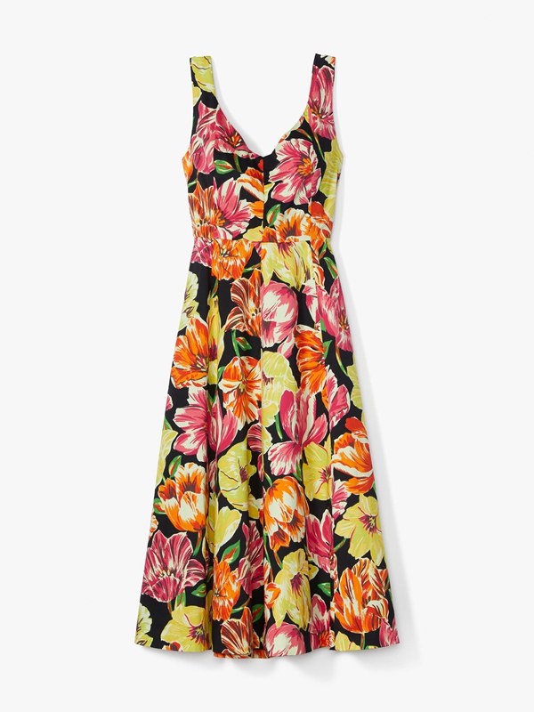 Black Kate Spade Painted Tulips Grace Women's Dress | 89071-LHUX