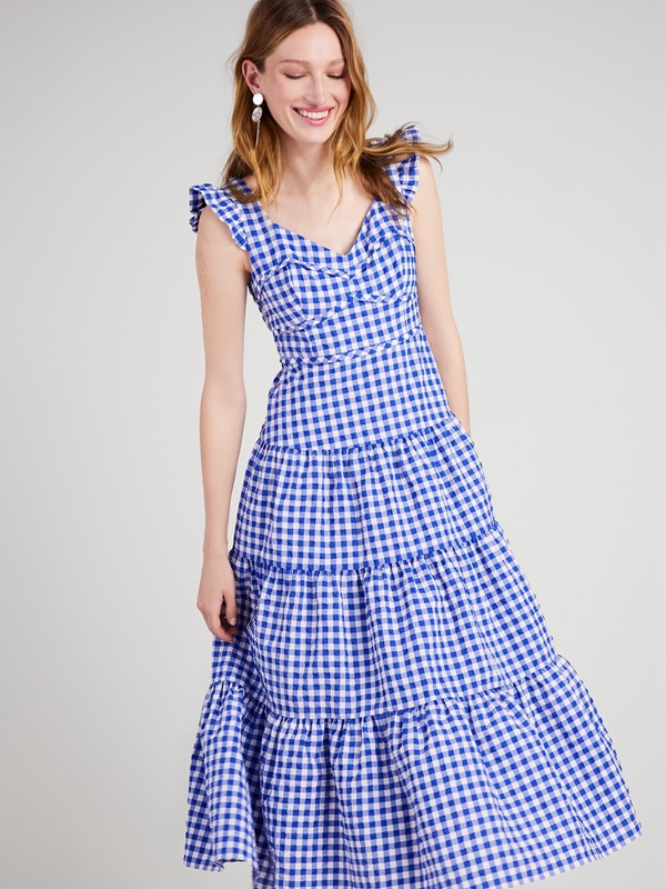 Blue Kate Spade Gingham Tiered Women's Dress | 91568-AKNI