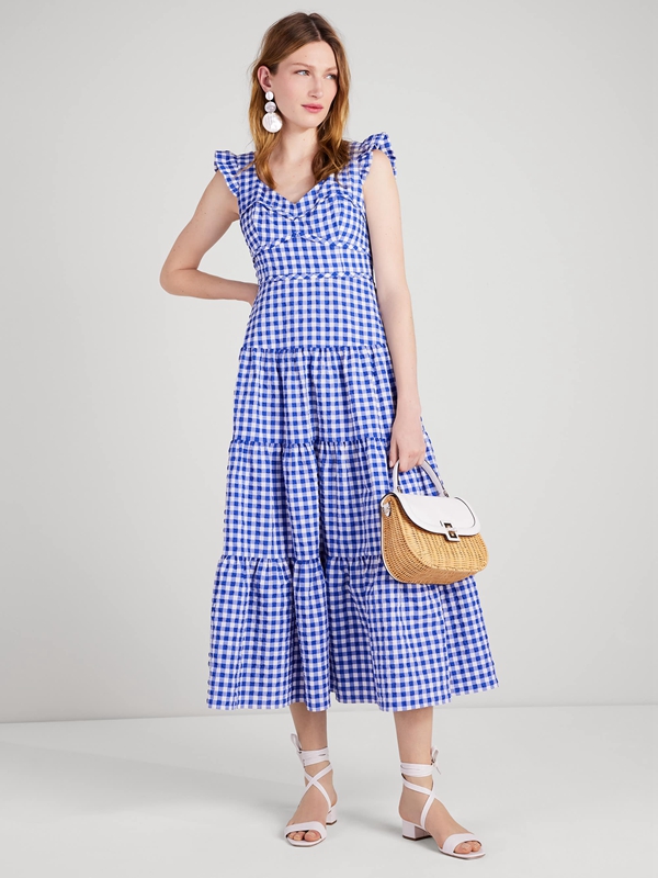 Blue Kate Spade Gingham Tiered Women's Dress | 91568-AKNI