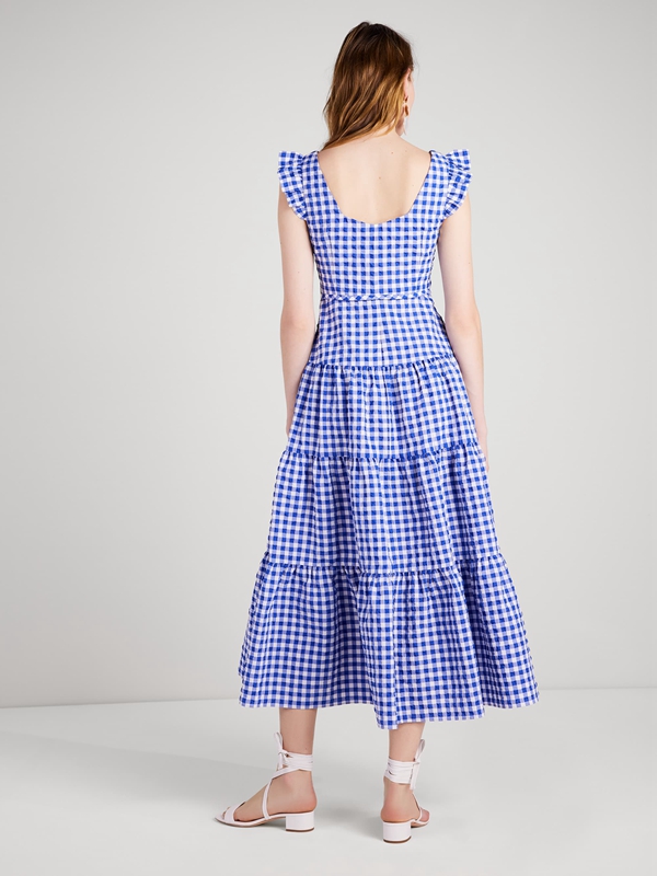 Blue Kate Spade Gingham Tiered Women's Dress | 91568-AKNI