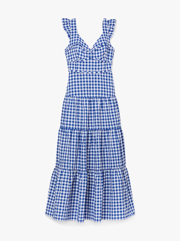 Blue Kate Spade Gingham Tiered Women's Dress | 91568-AKNI