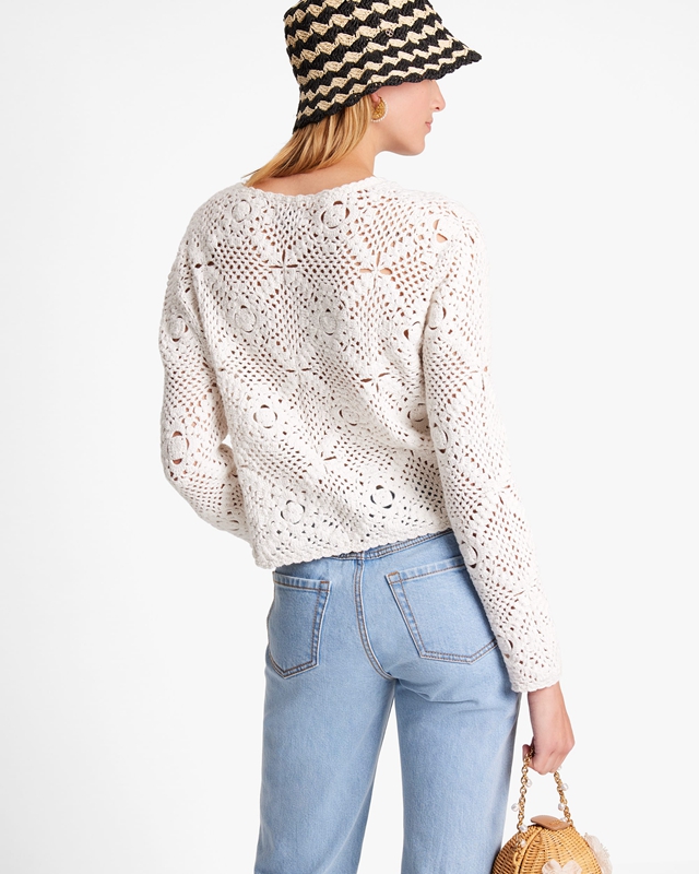 Cream Kate Spade Crochet Crewneck Cardigan Women's Knitwear | 20493-CGFK