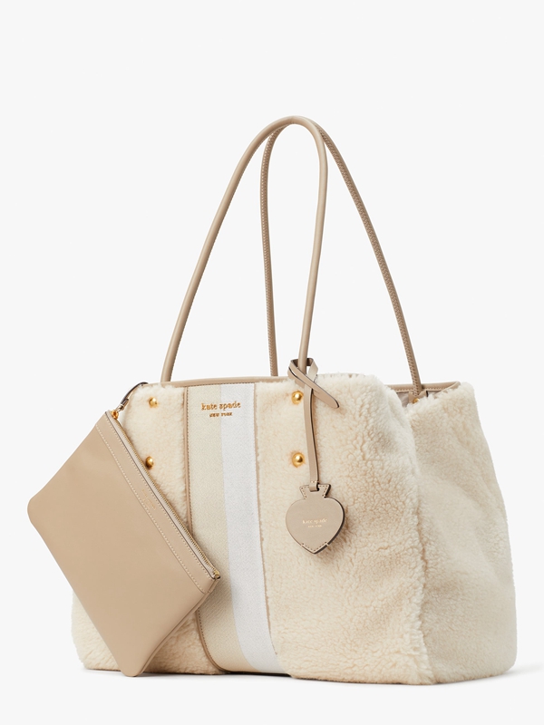 Cream Kate Spade Everything Racing Stripe Faux Shearling Large Women's Tote Bags | 12789-NJMK