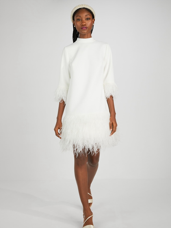 Cream Kate Spade Feather Trim Crepe Women's Dress | 84127-AHIJ