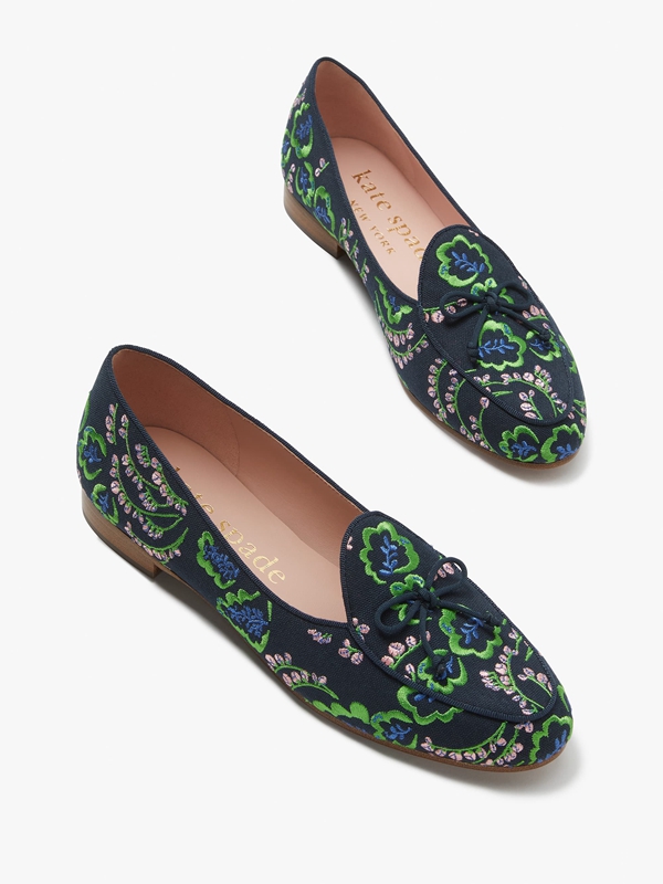 Green Kate Spade Devi Embroidered Women's Loafers | 34268-TYKV