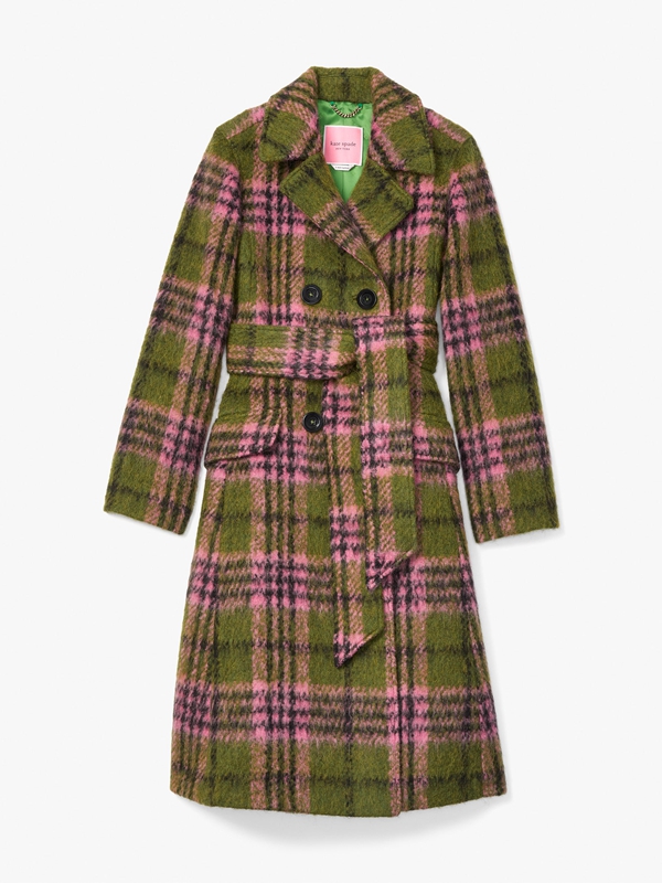 Green Kate Spade Plaid Tie-Waist Women's Coats | 43215-CNIH