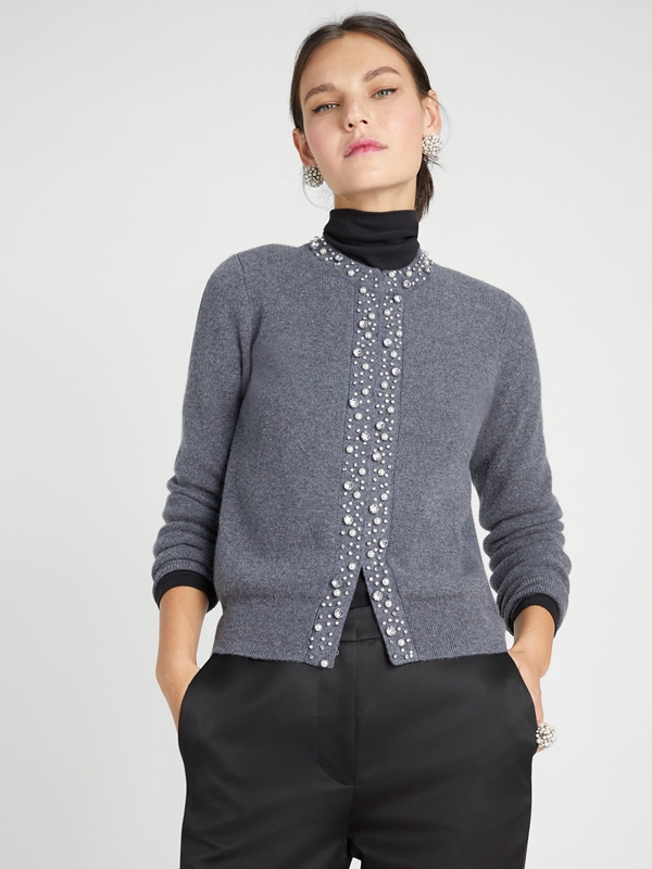 Grey Kate Spade Pearl-Rhinestone Embellished Cardigan Women's Tops | 78023-XNES