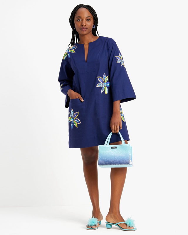 Navy Kate Spade Embroidered Floral Tunic Women's Dress | 14807-VCAJ