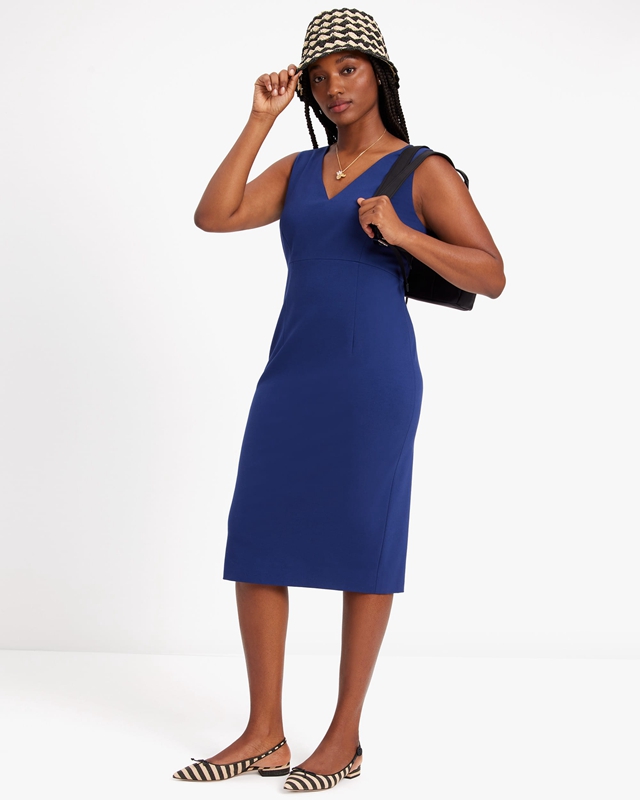 Navy Kate Spade Sleeveless V-Neck Ponte Women\'s Dress | 61728-EXNL