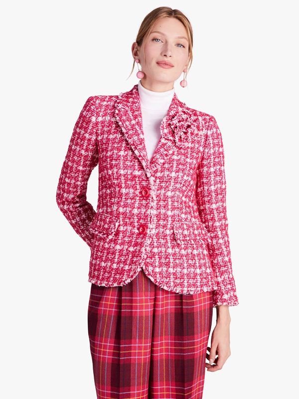 Pink Kate Spade Plaid Tweed Blazer Women\'s Jackets | 37549-LZEG