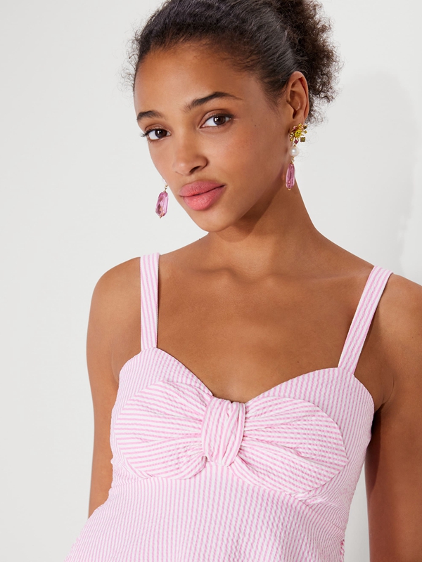 Pink Kate Spade Seersucker Stripe Bow Women's Tops | 53279-AGML