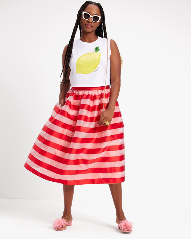 Red Kate Spade Awning Stripe Organza Midi Women's Skirts | 61298-HGNU