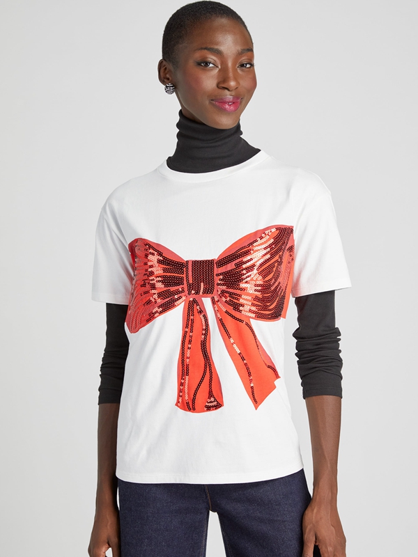 White / Deep Red Kate Spade Embellished Bow Tee Women's Tops | 60584-BMTV