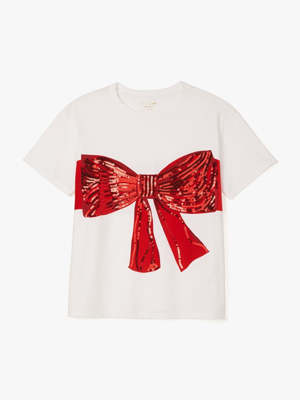 White / Deep Red Kate Spade Embellished Bow Tee Women's Tops | 60584-BMTV