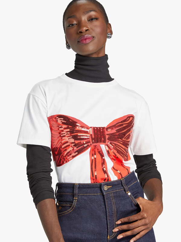 White / Deep Red Kate Spade Embellished Bow Tee Women\'s Tops | 60584-BMTV