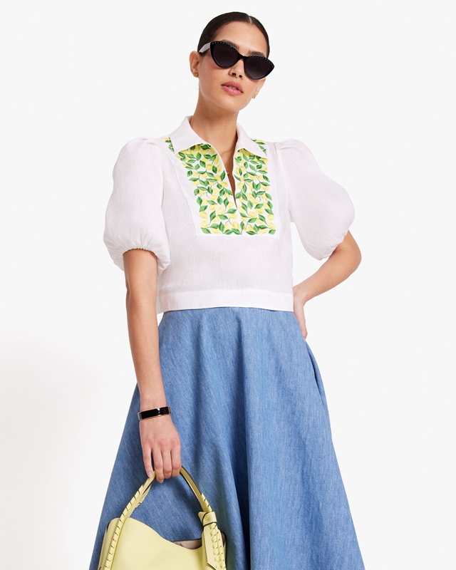 White Kate Spade Embroidered Lemons Puff Sleeve Women's Tops | 52934-BQCL