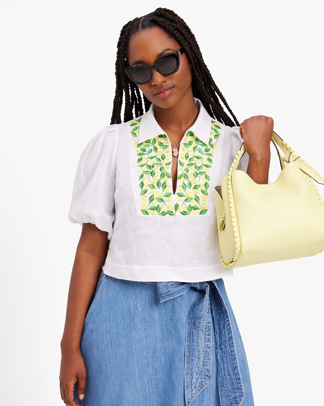 White Kate Spade Embroidered Lemons Puff Sleeve Women's Tops | 52934-BQCL