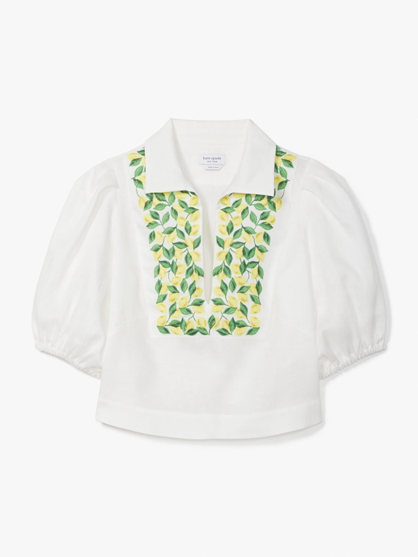 White Kate Spade Embroidered Lemons Puff Sleeve Women's Tops | 52934-BQCL