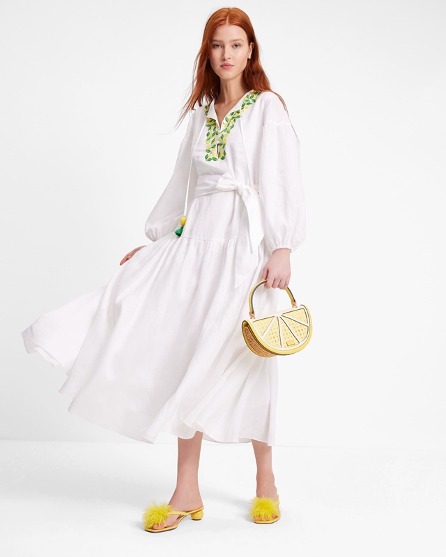 White Kate Spade Embroidered Lemons Tie-Waist Women's Dress | 52378-QBLH