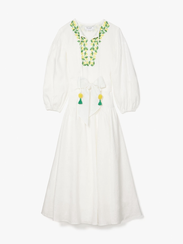 White Kate Spade Embroidered Lemons Tie-Waist Women's Dress | 52378-QBLH