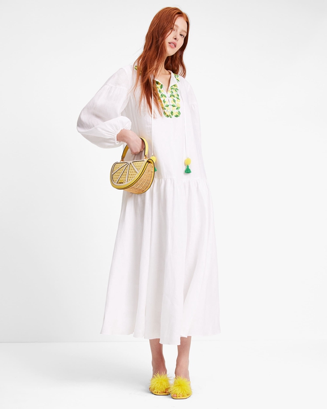 White Kate Spade Embroidered Lemons Tie-Waist Women\'s Dress | 52378-QBLH