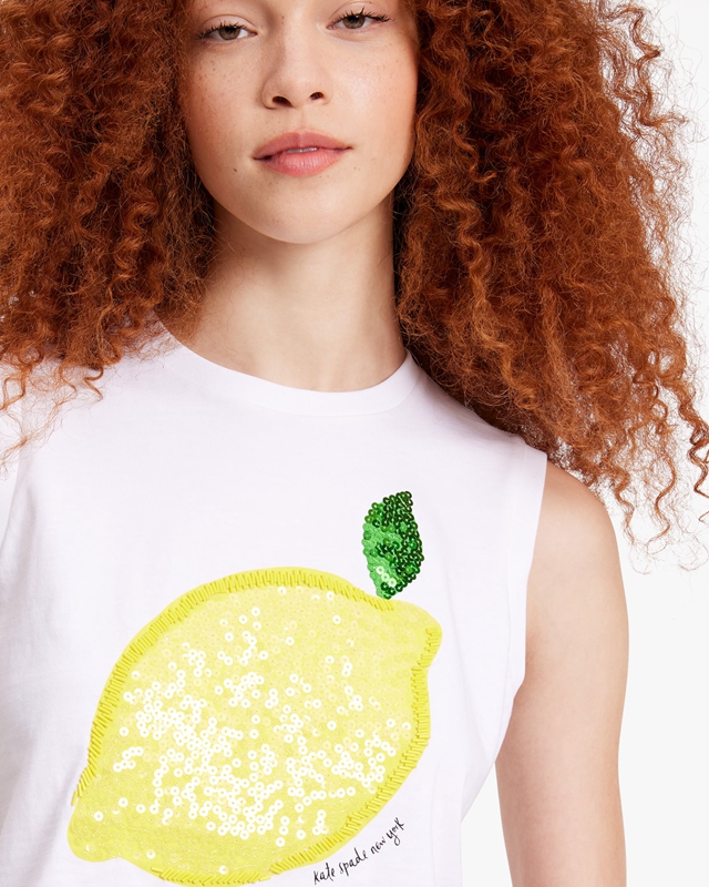 White Kate Spade Sequin Embellished Lemon Women's Tops | 35829-MRQO