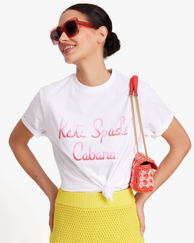 White Kate Spade Sequin Logo Cabana Women\'s Tops | 79306-DHYR