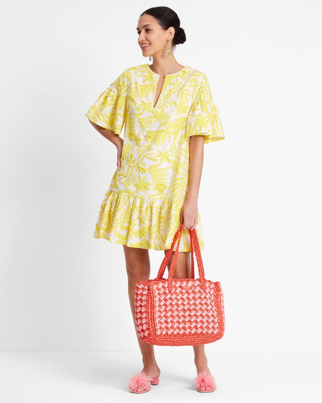 Yellow / Cream Kate Spade Tropical Foliage Embellished Tunic Women's Dress | 93624-QVBJ