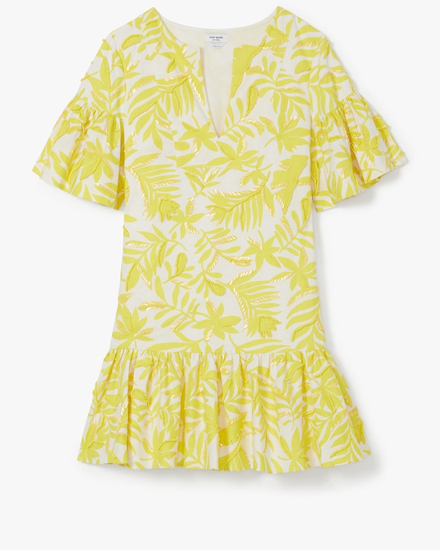 Yellow / Cream Kate Spade Tropical Foliage Embellished Tunic Women's Dress | 93624-QVBJ