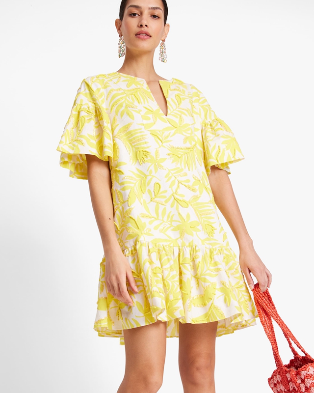 Yellow / Cream Kate Spade Tropical Foliage Embellished Tunic Women\'s Dress | 93624-QVBJ